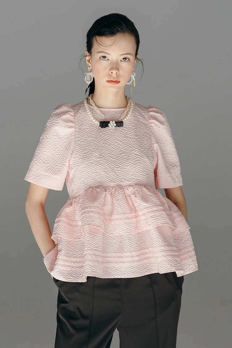 Japanese Style Three-Dimensional Embossed Fabric Cake Hem Pink Blouse Women Sweet Round Neck Short Puff Sleeve Shirt Tops