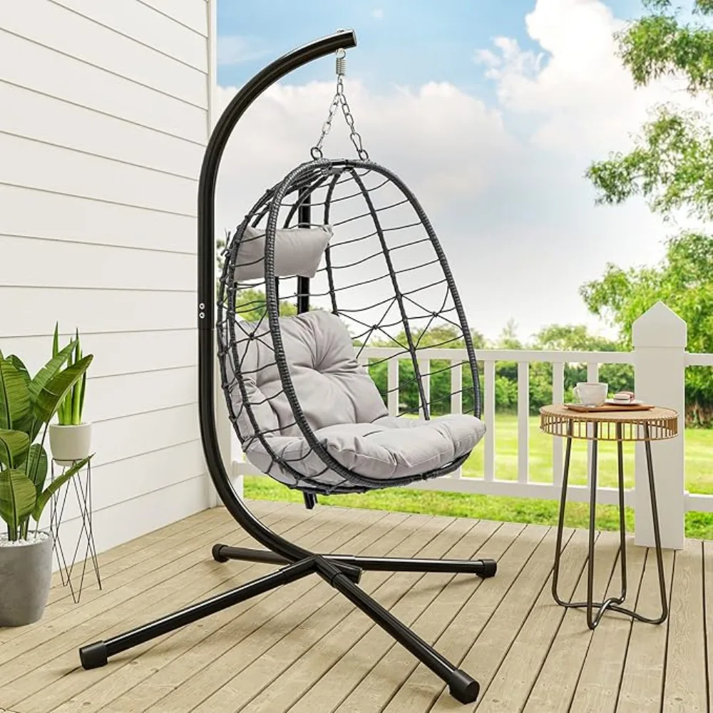 

Hanging Egg Swing Chair wifh Indoor Steel Stand & UV Resistant Cushion, bearing 350 pounds, Outdoor Wicker Hammock Chairs