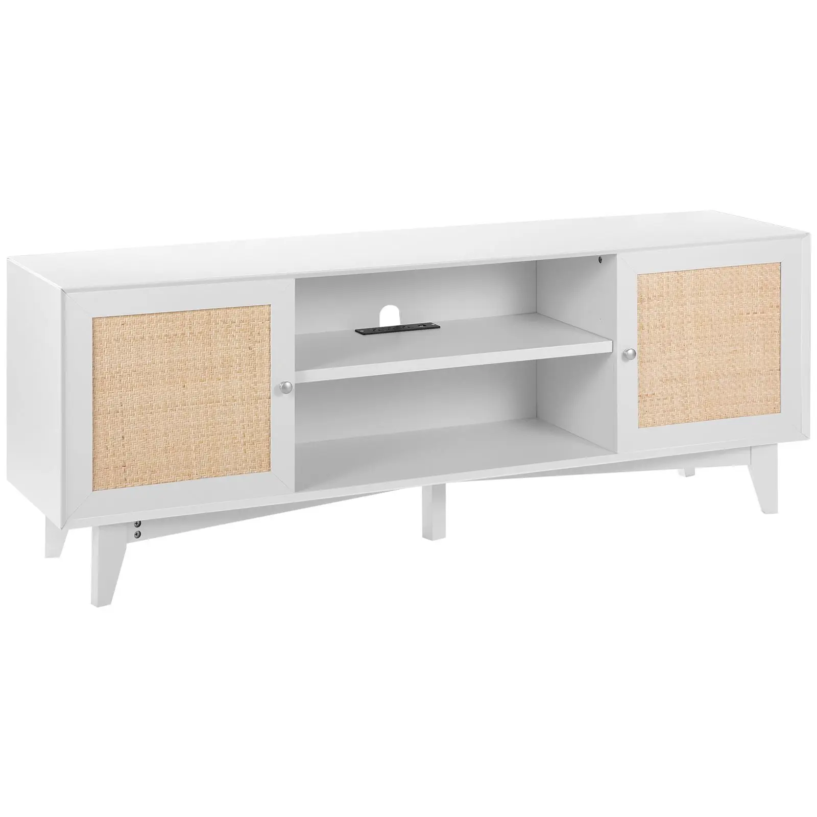 Rattan TV Stand for 75in TV, Boho TV Stand with Rattan Door, Entertainment Center with Build-in Socket, Storage Cabinet with 2 S
