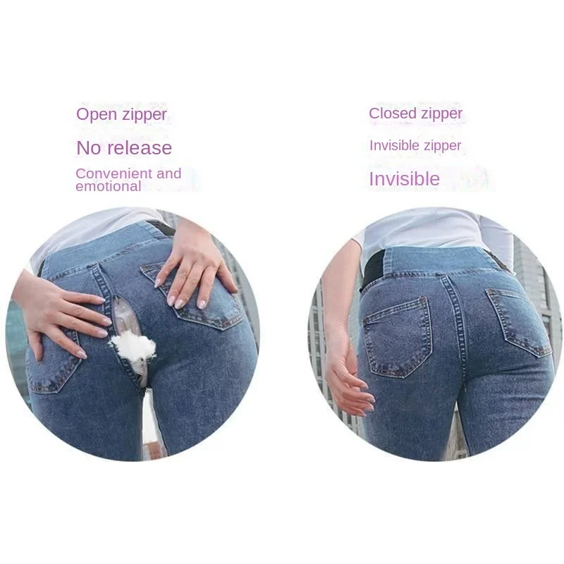 Winter High Waist Boyfriend Jeans Women Invisible Open Crotch Outdoor Sex Pants Fleece-Lined Stretch Skinny Trousers Lady Denim