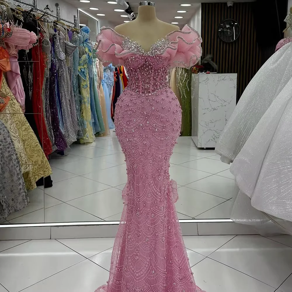 Abito da sera con perline rosa monospalla design onda di cristallo pieghe abito a sirena occasioni formali come banchetti palle