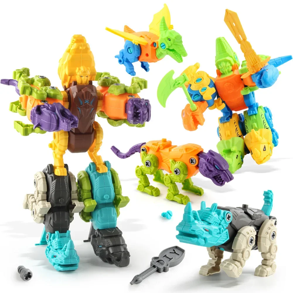 Dinosaur Transformation Robot Constructor Screw Toy, DIY Blocks Set, chave de fenda desmontagem, modelo de brinquedos para crianças, 5 em 1