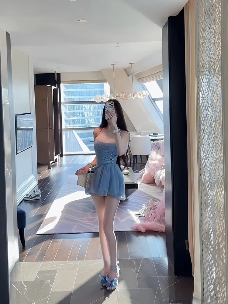 

Ballet Style Birthday Girl Dress Heavy Work Feather Waist Cinching Short Puffy Skirt Diamond Embellished Spring Summer Autumn