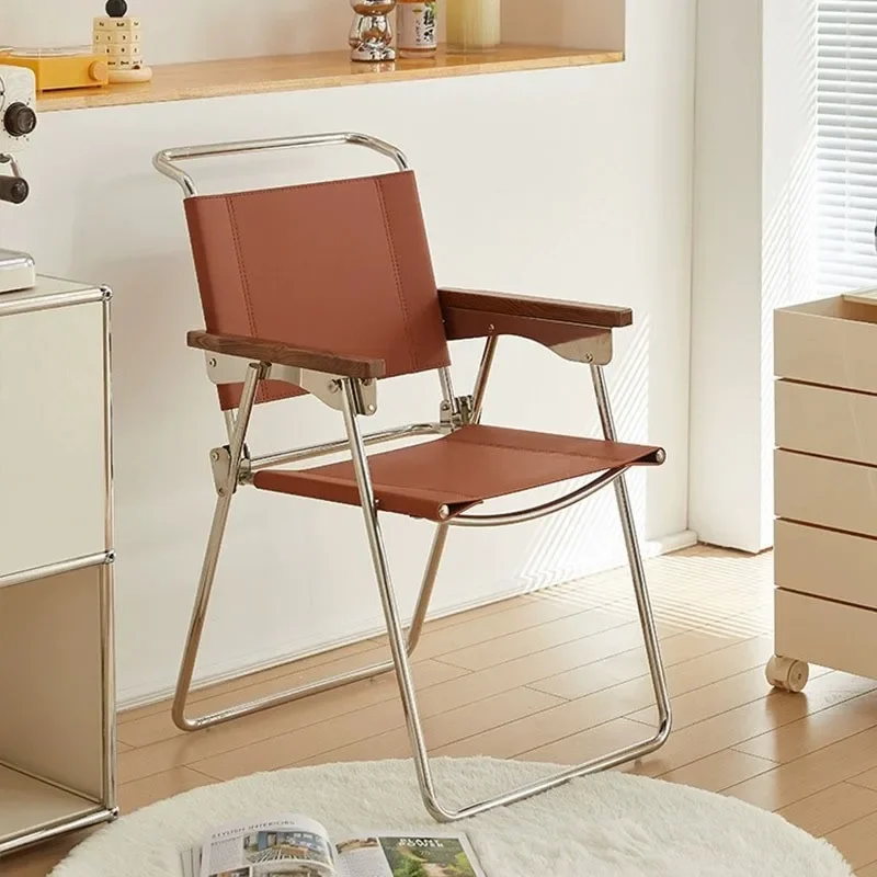 

#Scandinavian Retro Dining Chair Household Modern Simple Stainless Steel Saddle Leather Folding Backrest Chair Armchair