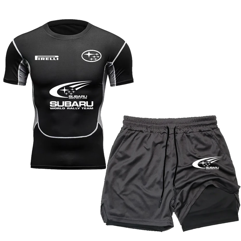 SUBARU men's compression T-shirt+sports shorts 2-in-1, 2-piece set, with running and gym SUBARU racing printed short sleeved spo