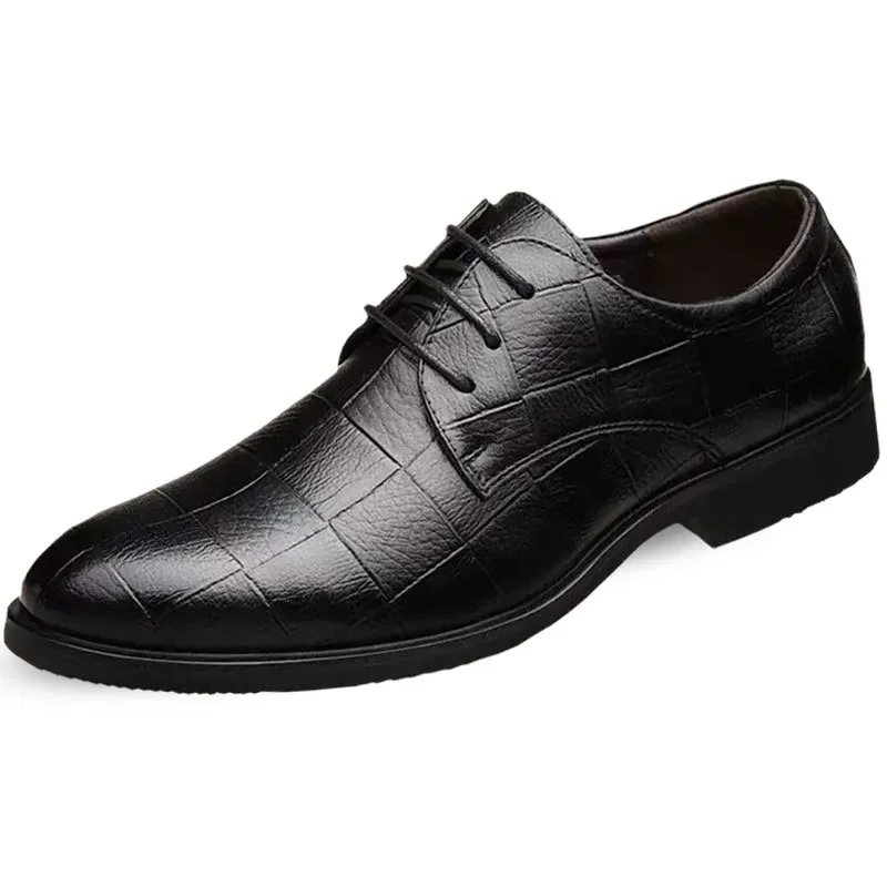 Trending Fashion Men Shoes Plaid Business Casual Leather Dress Shoes for Men Point Toe Lace Up Elegant Oxfords Formal Style 2024