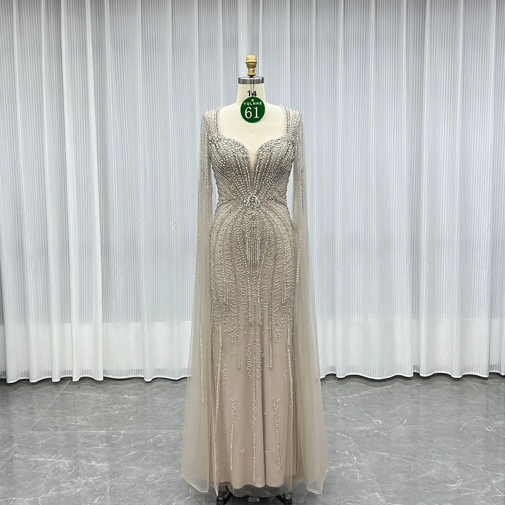 

YQLNNE 061 Длинные вечерние платья с кристаллами мокко и бисером, тюлевое вечернее платье с короткими рукавами