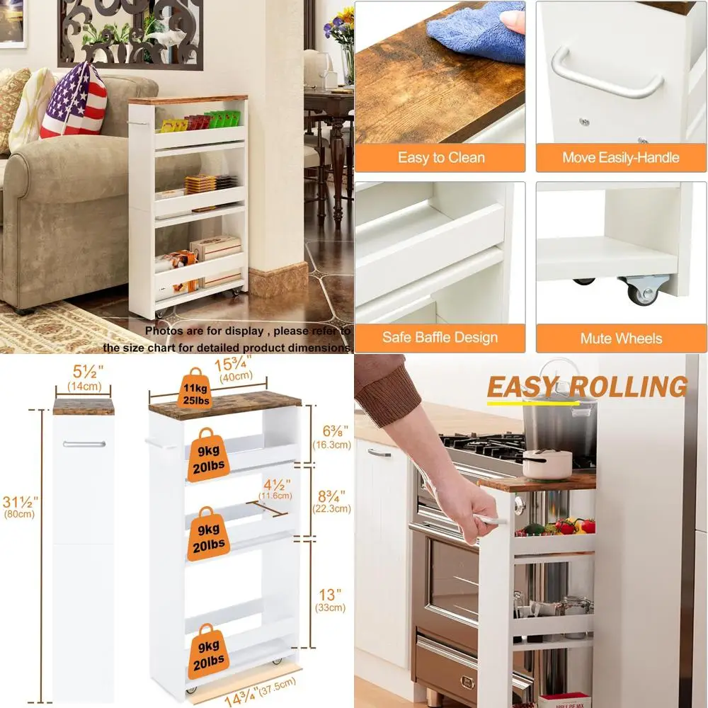 

4-Tier White Rolling Storage Cart with Handle, Mobile Utility Shelving Unit for Small Spaces, Kitchen, and Laundry