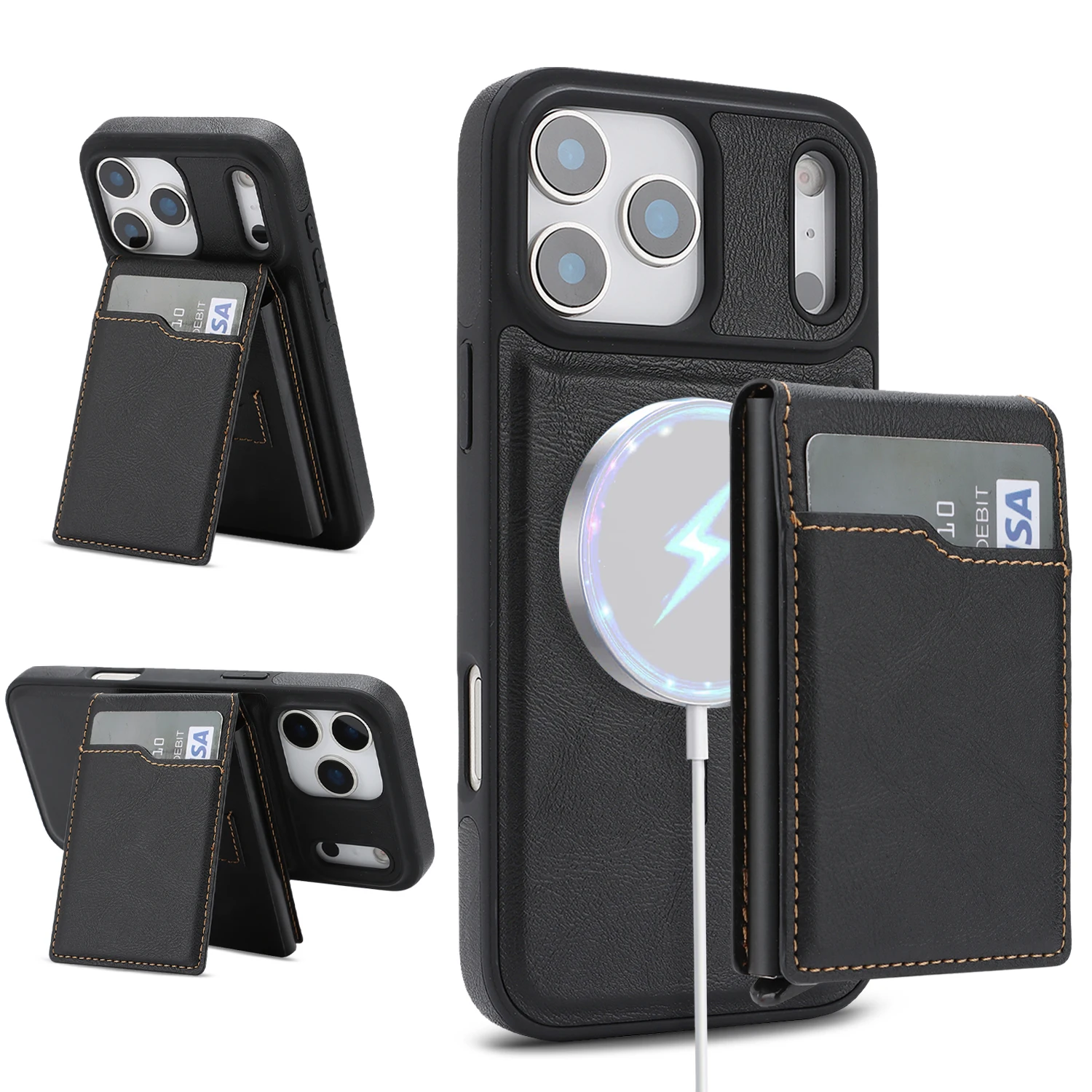 

Luxury Faux Leather Case for iPhone 17 Pro max,17 Air,17E Featuring Detachable Card Holder with Space Credit Cards Phone Cover
