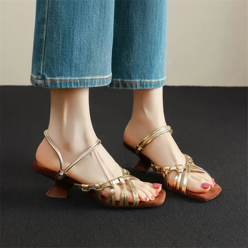 New Summer Slippers Split Leather Women Shoes Square Toe Shoes for Women Fashion Retro Sandals High Heels Roman Sandals Handmade