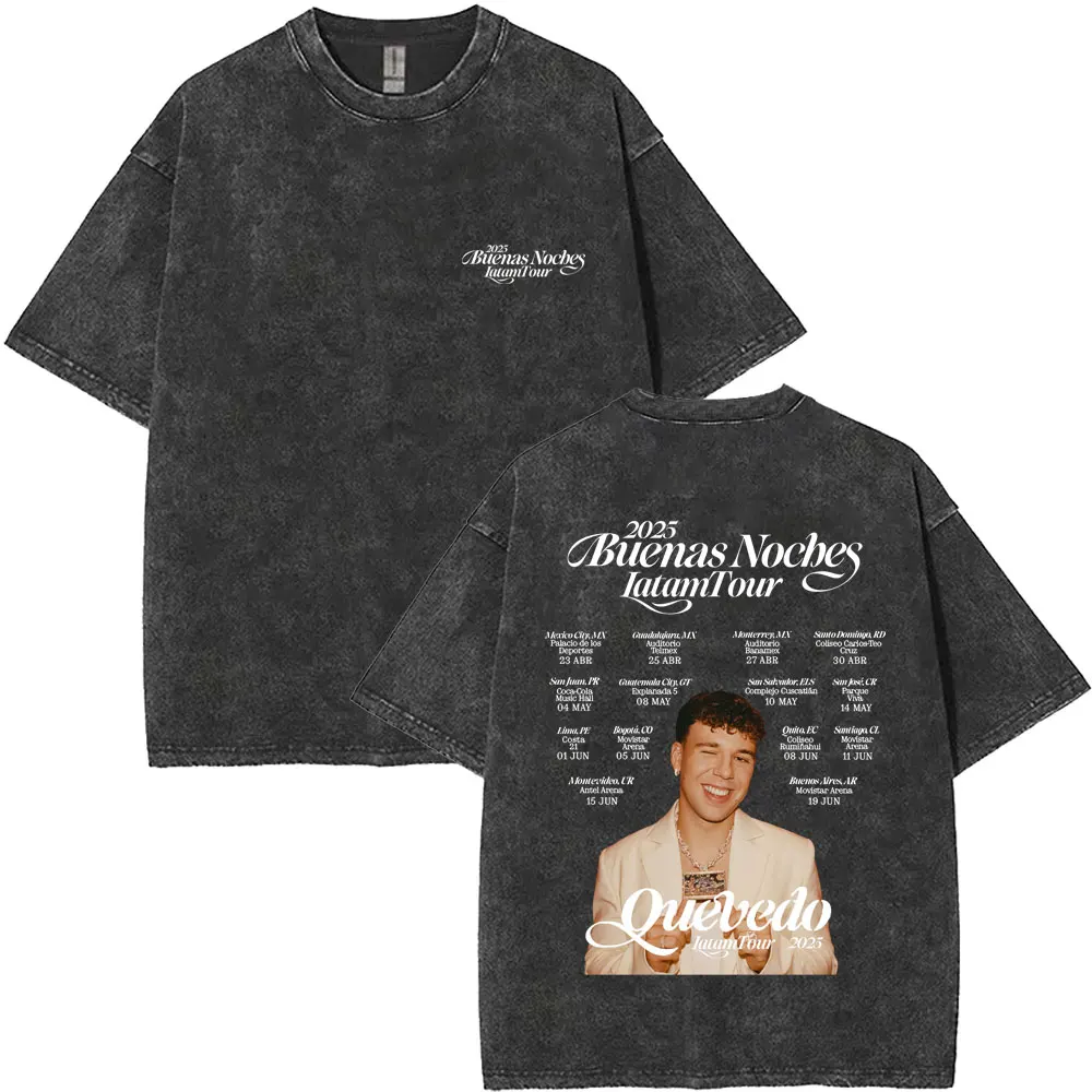 غسلها خمر QUEVEDO 2025 BUENAS NOCHES LATAM جولة تي شيرت الرجال النساء موضة الهيب هوب المتضخم تي شيرت عادية ريترو تي شيرت