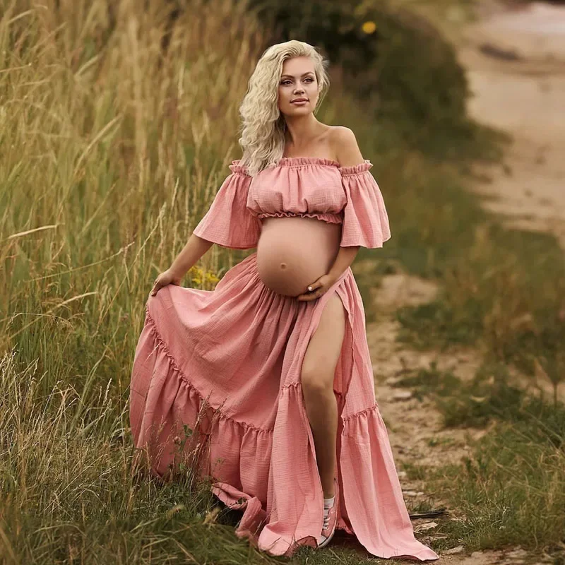 فستان بوهو نسائي مكون من قطعتين من قماش الموسلين فستان عتيق وتنورة لدعائم صور الأمومة فيستدو ماتميناداد استحمام الطفل #4