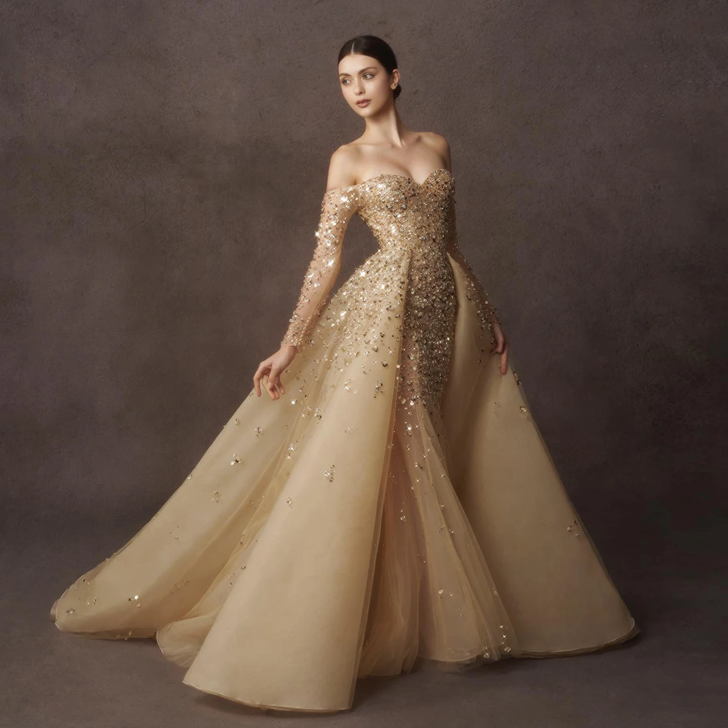 

Luxury Dubai Champagne Gold Mermaid Evening Dress With Detachable Overskirt Off Shoulder Arabic Wedding Party