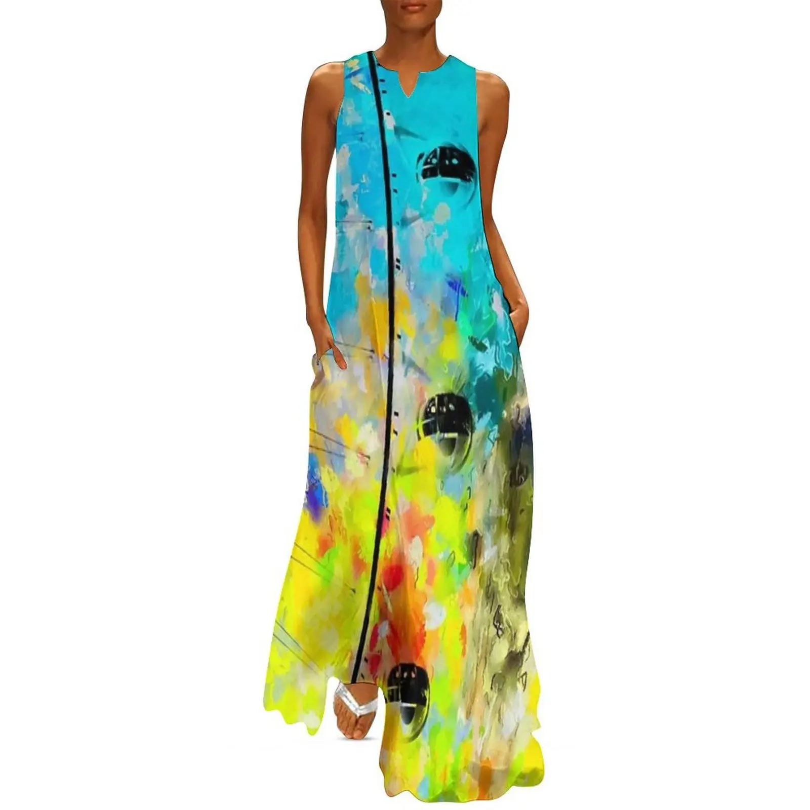 

ferris wheel with blue yellow green painting texture abstract background Long Dress Cocktail of dresses