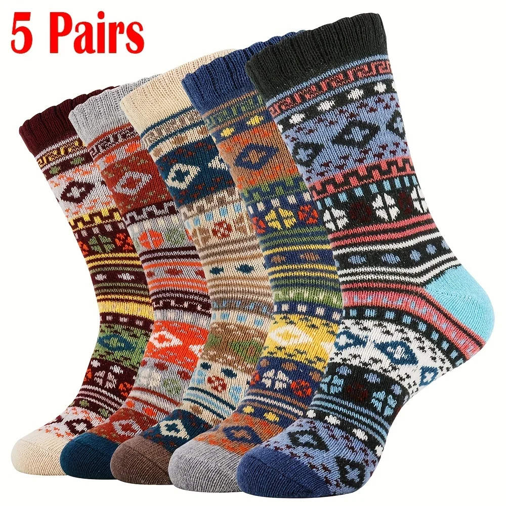 

5Pairs Thick Geometric Pattern Wool Blend Crew Socks Men's Soft Comfort Warm Outdoor Hiking Mid Calf Socks for Cold Weather