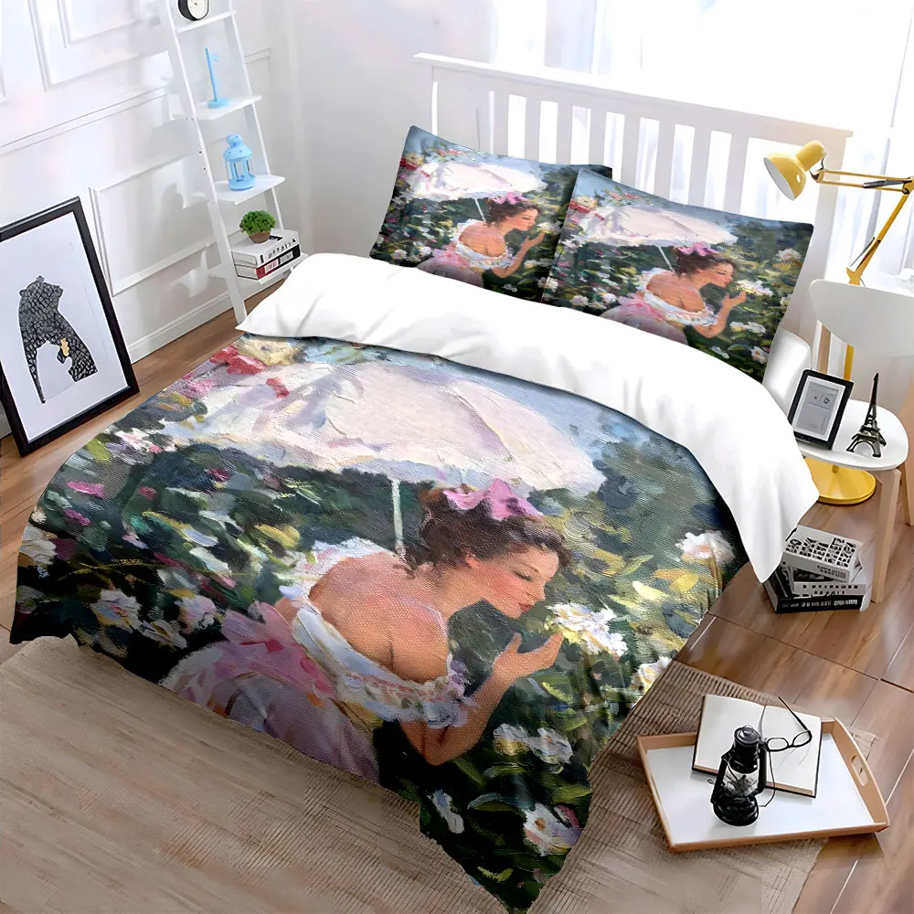 Girl in garden with white parasol Print Bedding Set 1 Duvet Cover 2 Pillowcases for Adult and Children Luxury Gift Full Size