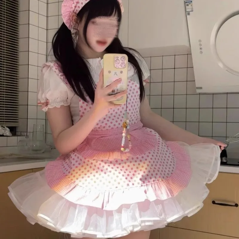 スイートキッチン風のメイドデザイン、チェック柄とドット柄のビブ付きオーバーオール、レディースLサイズ、エプロン、韓国製コットン・ハンドメイド・家庭用清掃用品