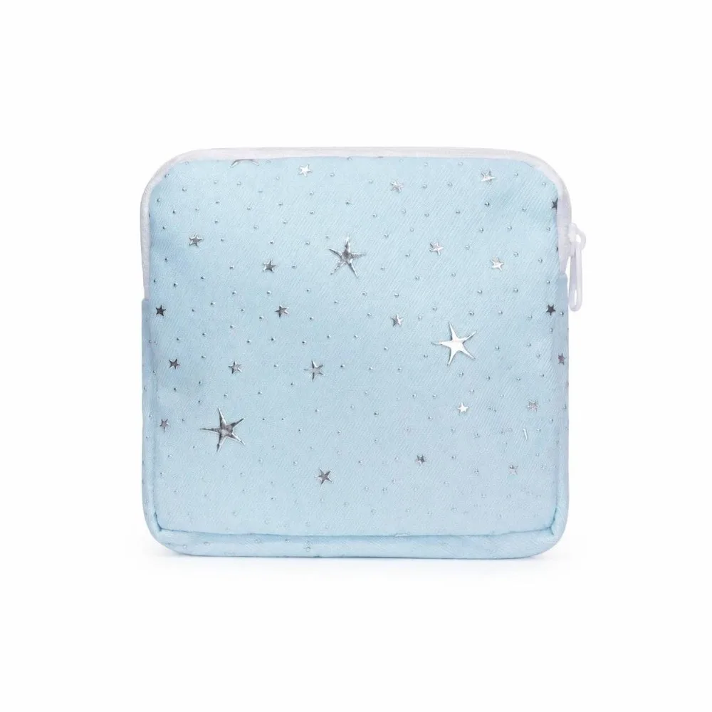 Silver Star Print Sanitary Pad Pouch Zipper Closure Portable Feminine Period Pouch Lipstick Makeup Pouch Women Girls