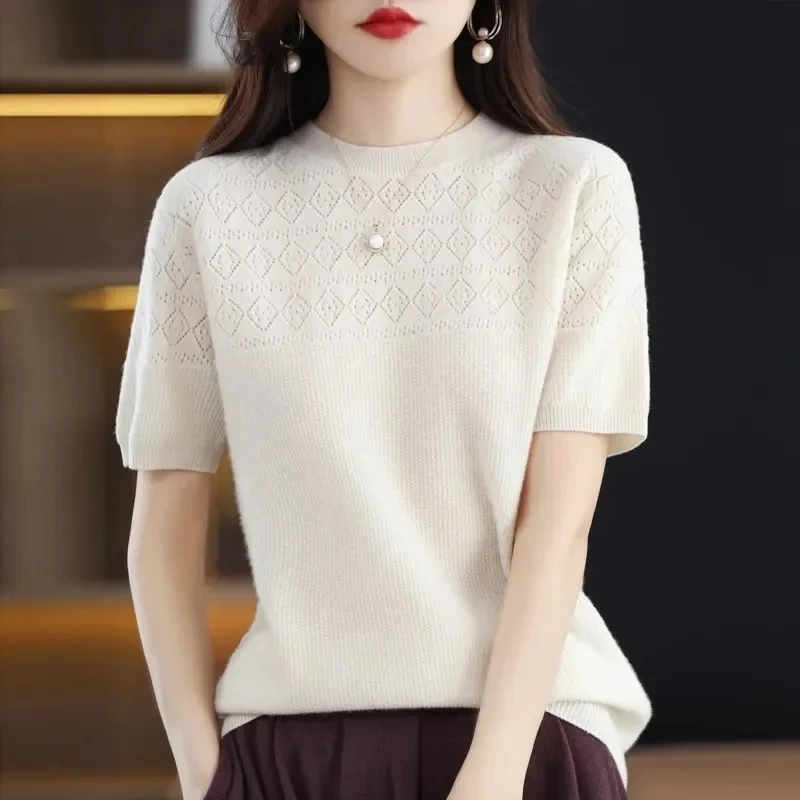 

2024 New Women Sweater Short Sleeve O-neck Stripe Knitwears Slim Shirt Korean Fashion Pullovers Thin Knit Tops Bottoming Shirts