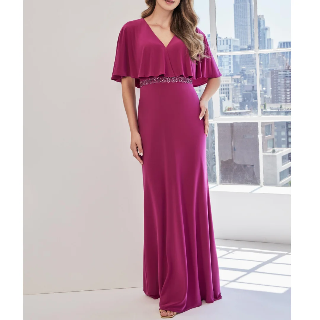 

Elegant Mother of the Bride Dresses With Crystals Sequins V-neck Cape Sleeves Long Evening Gowns Chic Mom Wedding Party Dress
