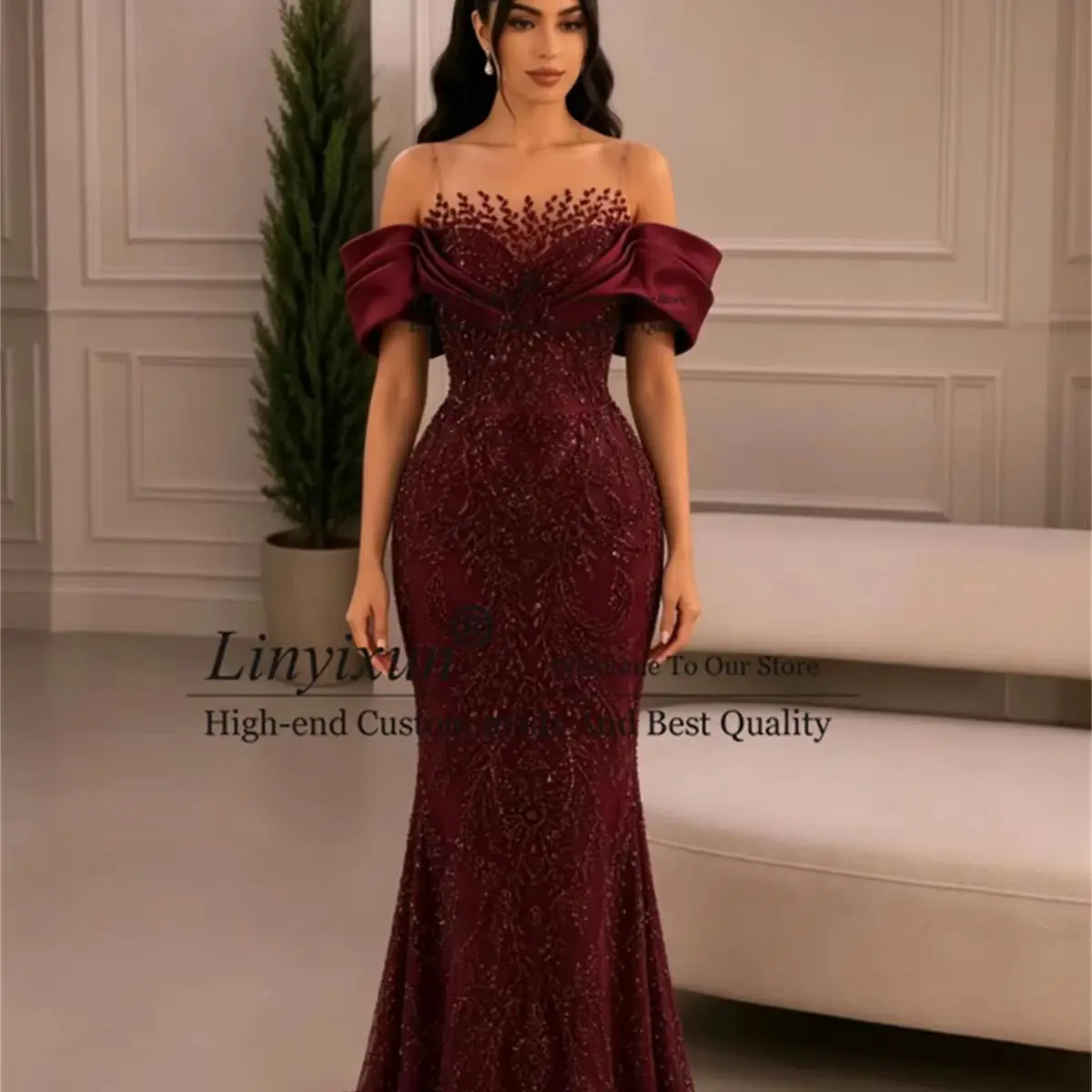 Luxuriöse, perlenbesetzte, diamantbesetzte Ballkleider, langes, schulterfreies Meerjungfrauen-Abendkleid mit Verzierungen, maßgeschneiderte arabische Dubai-Abendkleider