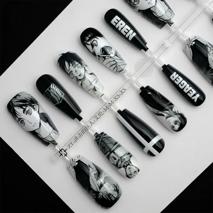 

Eren Jaeger Levi Ackerman Black White Manga Pretty Fake Nails Kawaii Fashionable Anime Nail Accessories Merch Manicure Decor