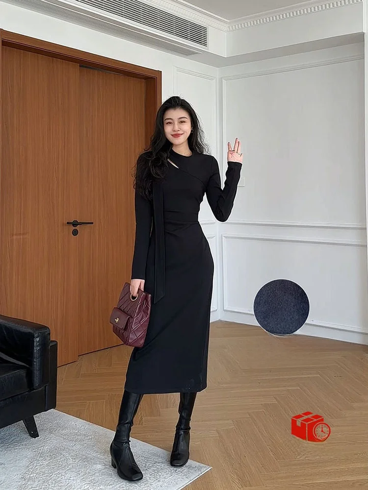 

Zhang a Xing Simple Luxury Fce Lined Bla Dr with Sa Winter New Sle Hepburn Sle Casual round Ne Long Sve Wo...