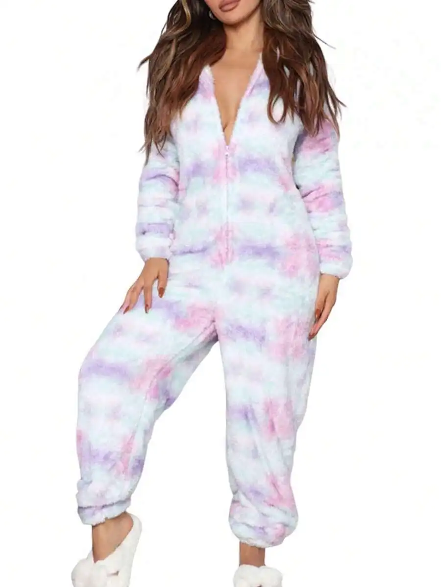 

Women Fleece One Piece Pajamas Jumpsuit With Zipper Tie Dye Print Sleepwear