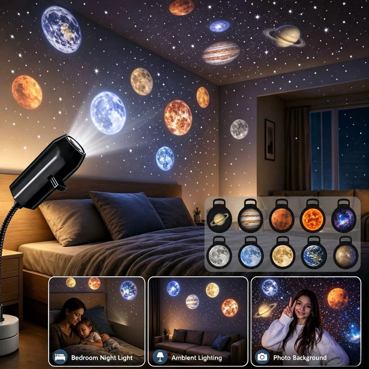 Galaxy Planet Projector Light USB LED Night Light 360° Adjustable HD Star Projector Ambient Lighting for Bedroom Decor Wall Lamp