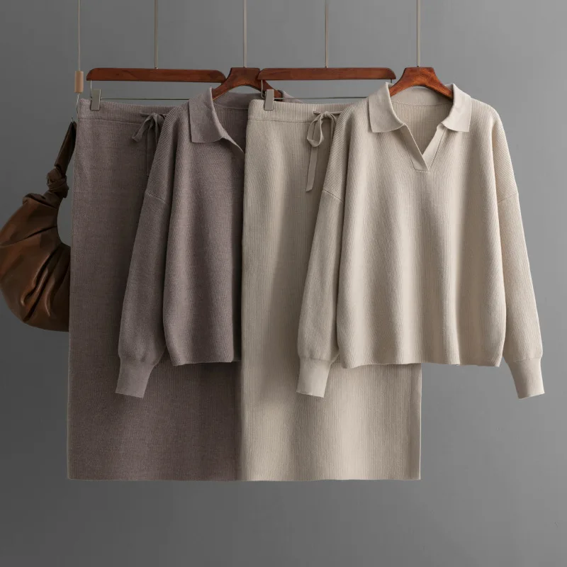 

Knitting 2 Piece Sets Women Muslim Pullover Sweater Skirt Suit Knitted Long Skirts Ensemble Lace Up 2025 Casual Outfits Knitwear