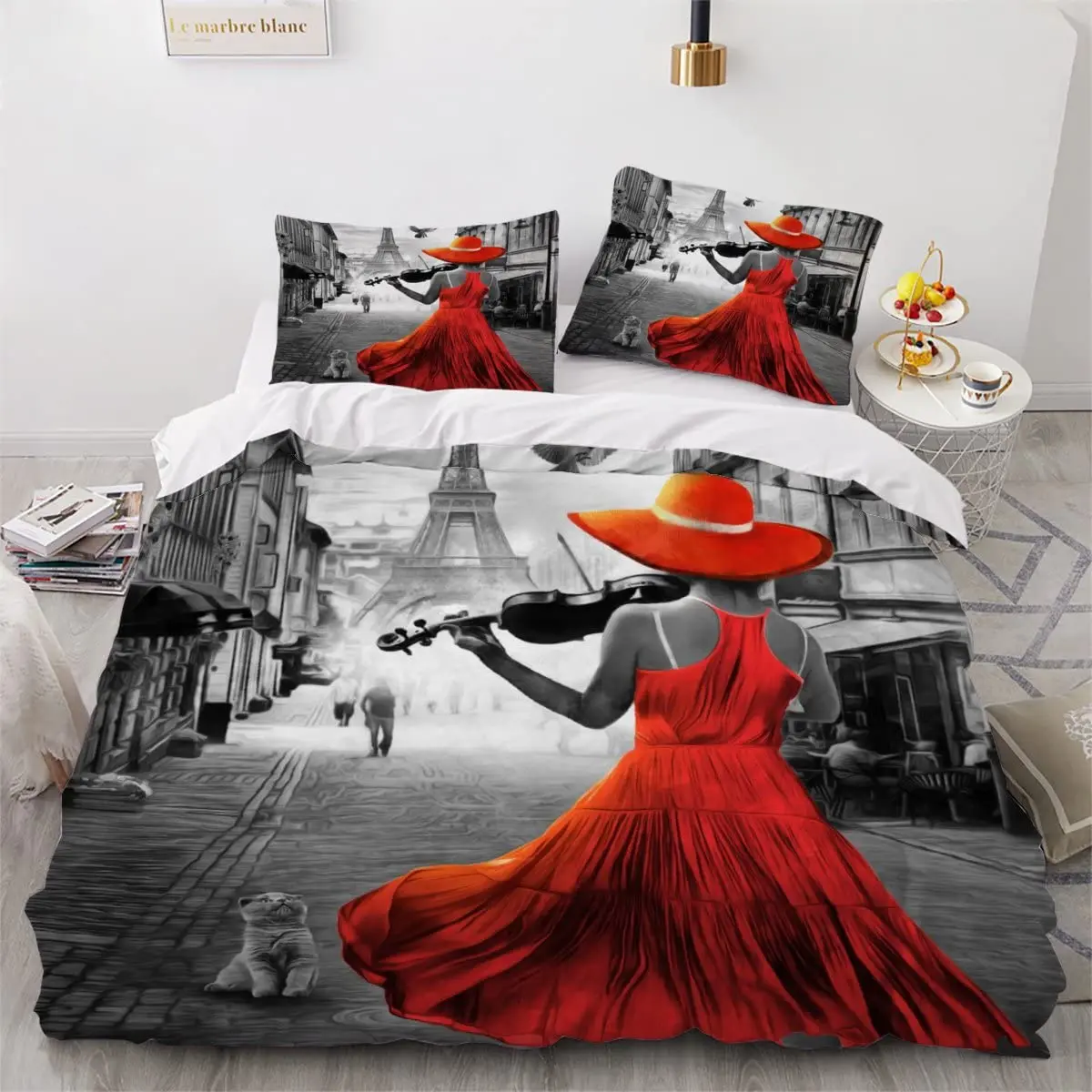 Eiffel Tower France Paris Bedding Set Boys Girls Twin Queen Size Retro Red Duvet Cover Pillowcase Bed Kids Adult