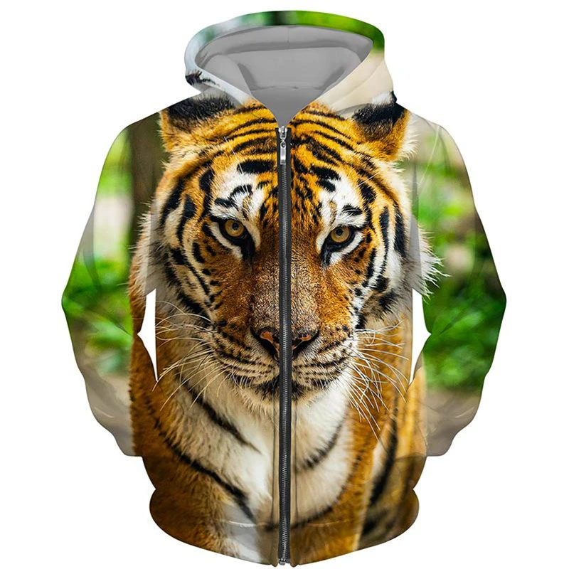 Trend Tiger Pattern Zip Up Hoodies For Men Fashion Autumn Long Sleeve 3D Animals Printed Pullovers Loose Streetwear Cool Hoodie