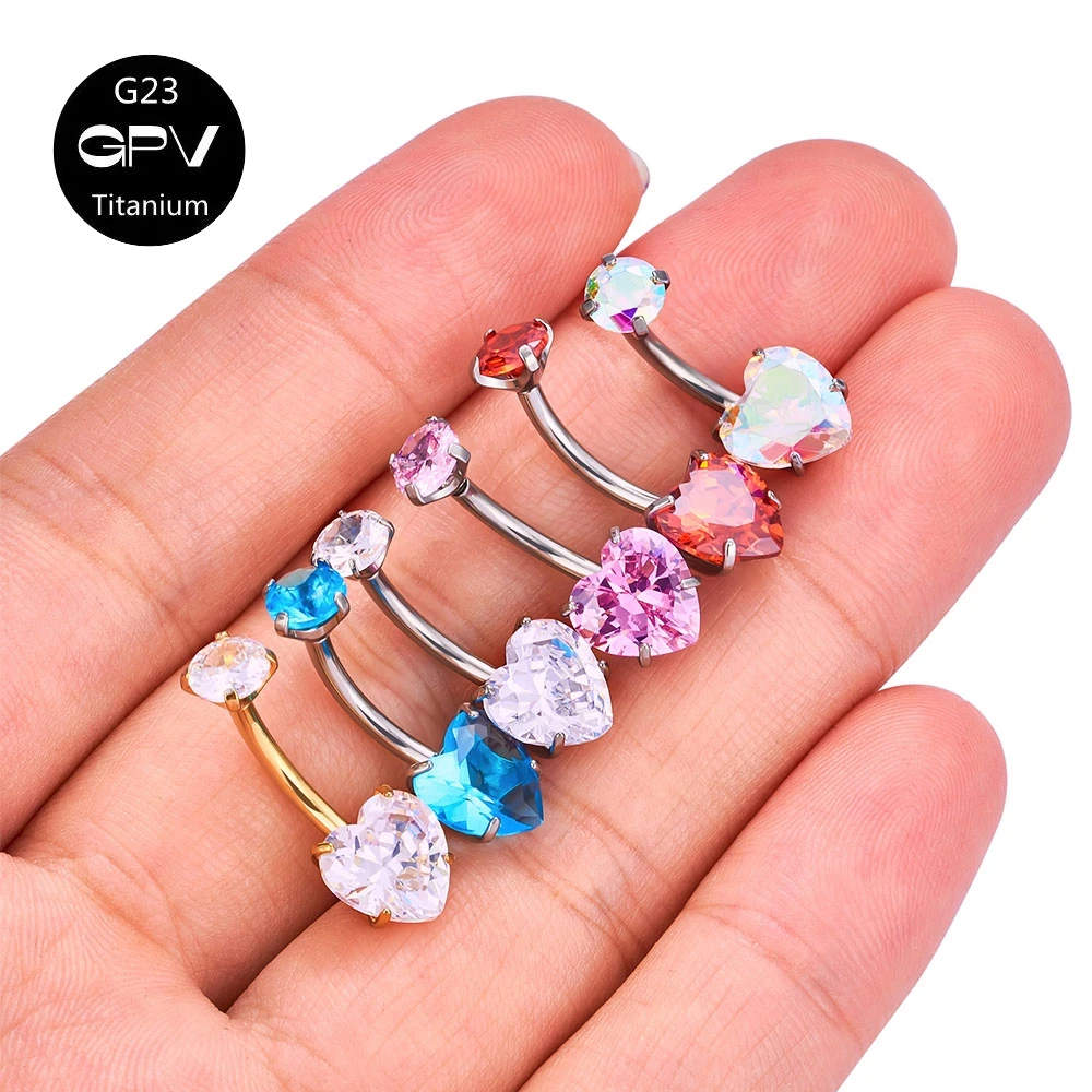 G23 Navel Nail With Heart Shaped Zircon Titanium Implant Grade Fashion Classic Women Piercing Jewelry Navel Ring