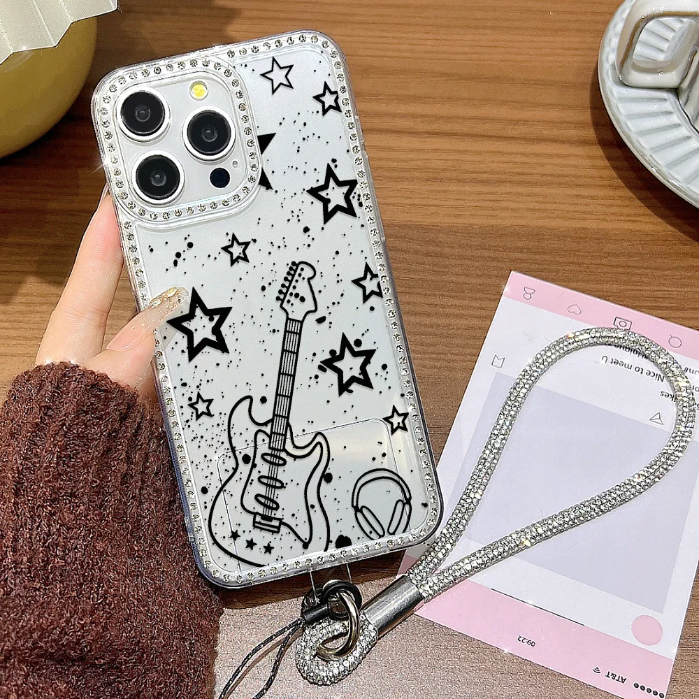 Diamant Lanyard Telefon Fall Für iPhone 17 16 Pro Max 11 13 15 14 12 Air 17 pro max Transparente Stoßfest Gitarre Abdeckung Funda