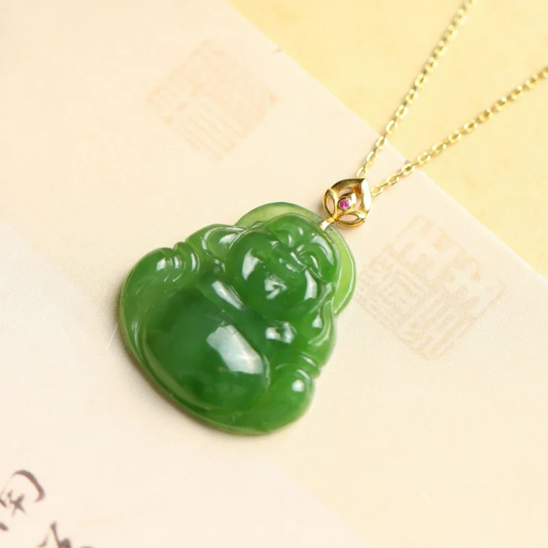 18K الذهب مطعمة اليشم الهيتي و جاسبر بوذا قلادة قلادة المرأة #3