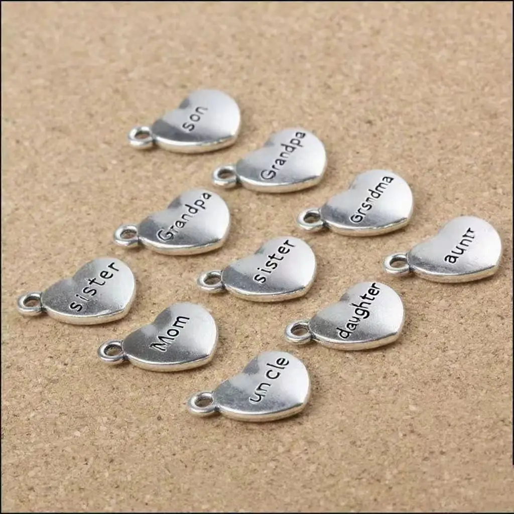 10Pcs/Lot 14*18mm Alloy Heart Family Member Mom Dad Aunt Uncle Grandpa Grandma Son Daughter Brother Granddaughter Charms
