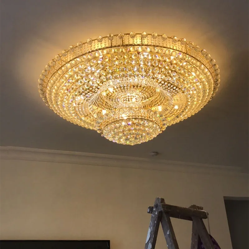 Luksusowy Continental Okrągły Złoty Salon Lobby Restauracja Kryształowa Dekoracja Hotelu Elegancka Lampa Sufitowa Żyrandol Sufitowy