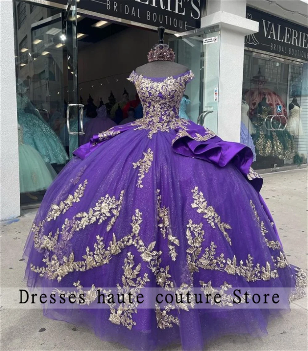 

Purple Lace Quinceanera Dresses Ball Gown 2025 With Gold Appliques Beaded Ruffles Sweet 16 Dress Customized Vestidos De 15 Años