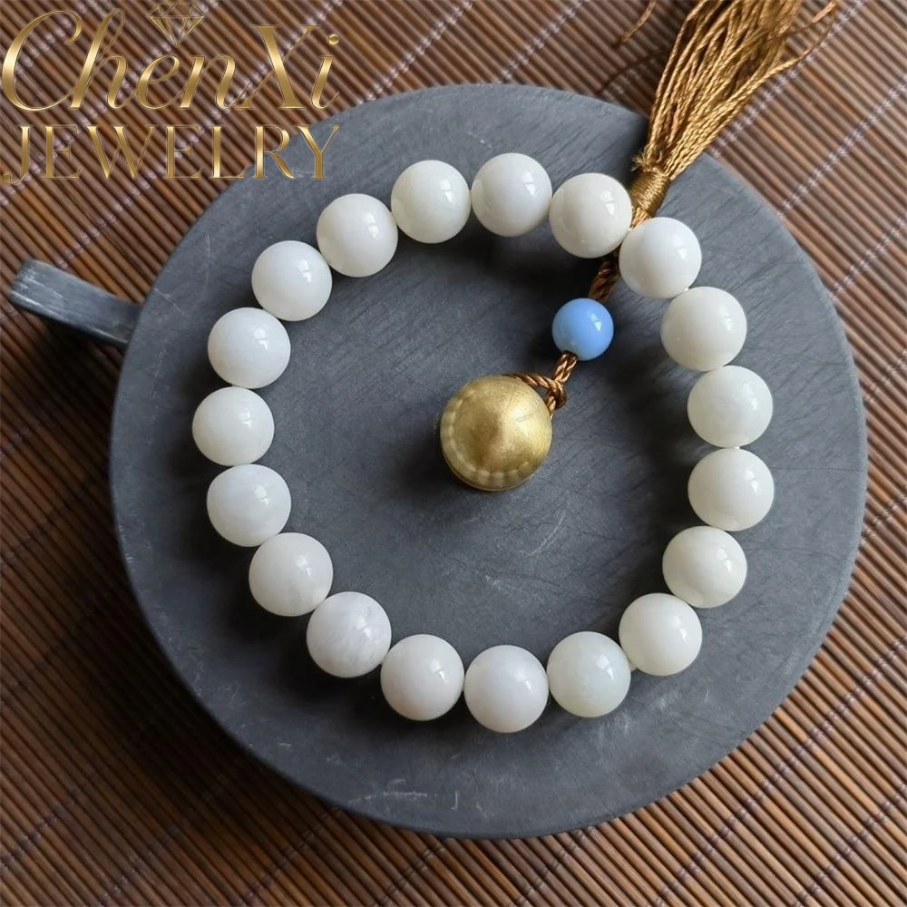 High-end Natural Hetian Sheep Fat White Jade Round Bead Bracelet Luxury Quality Fashion Fine Jewelry Exquisite Elegant Popular