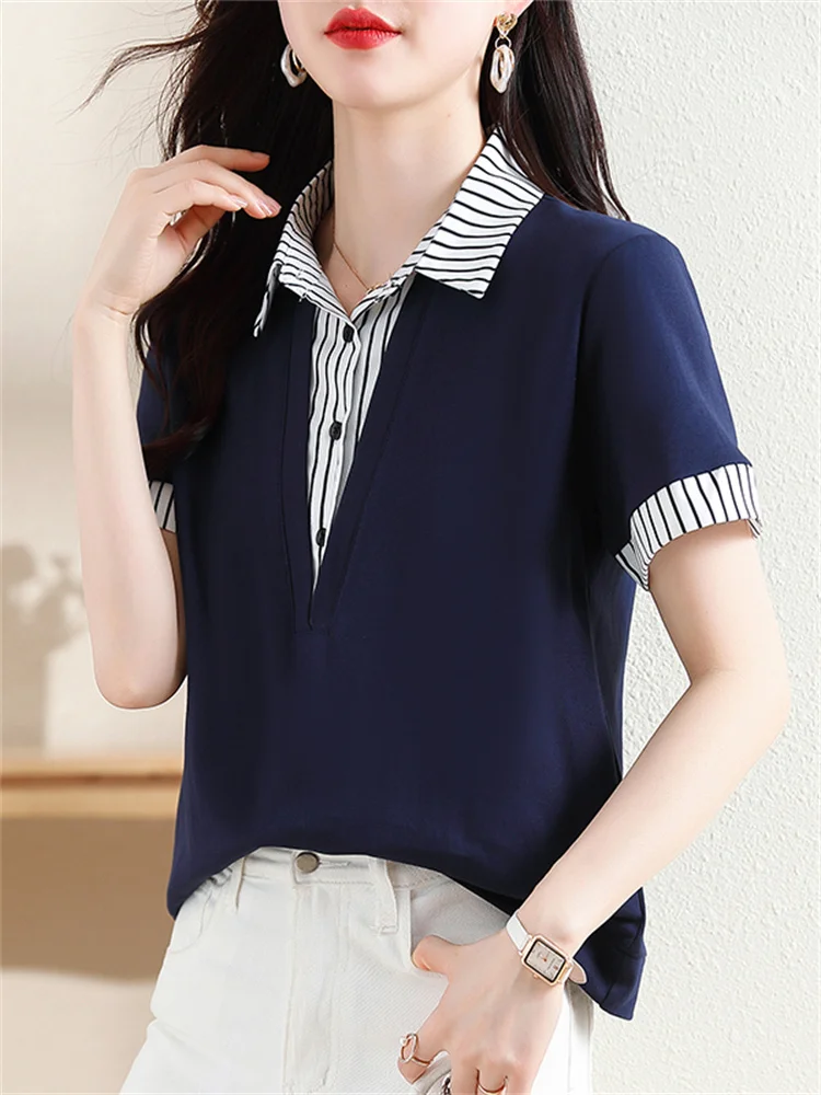 

Модный женский топ Ele Slimming с коротким рукавом, летний, 2026, для повседневной носки, свободный крой, в полоску