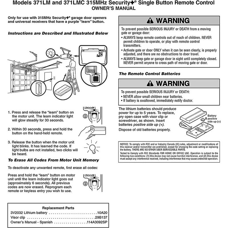 Controle remoto garagem porta abridor, Rolling Code, roxo, Estudo Botão, 371LM, 373LM, 372LM, 370LM, 950D, 953D, 956D, 315MHz