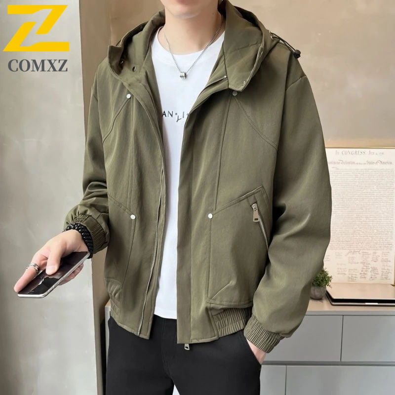 

COMXZ 2025 Мужская куртка с капюшоном, уличная повседневная модная легкая водонепроницаемая ветровка в американском стиле, удобное пальто