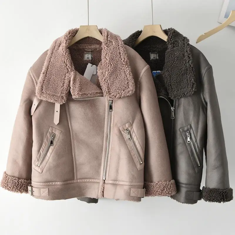 Lamb Fur Jaet Women's Winter Thi Warm Motorcycle ort Sle Faux Leather Hair Inteated Coat Chinese Brand Commute Sle