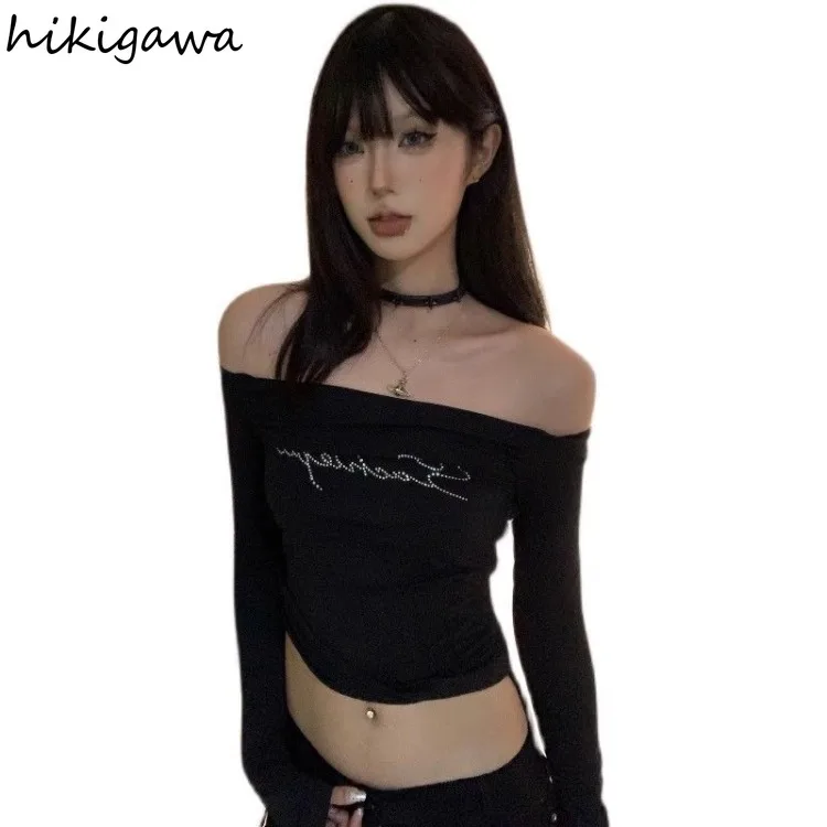 Y2k Tshirts Women Diamond Tunic Slash Neck Long Sleeve Tees 2024 Ropa Mujer Bandage Fashion Casual Crop T Shirt Sexy Crop Tops