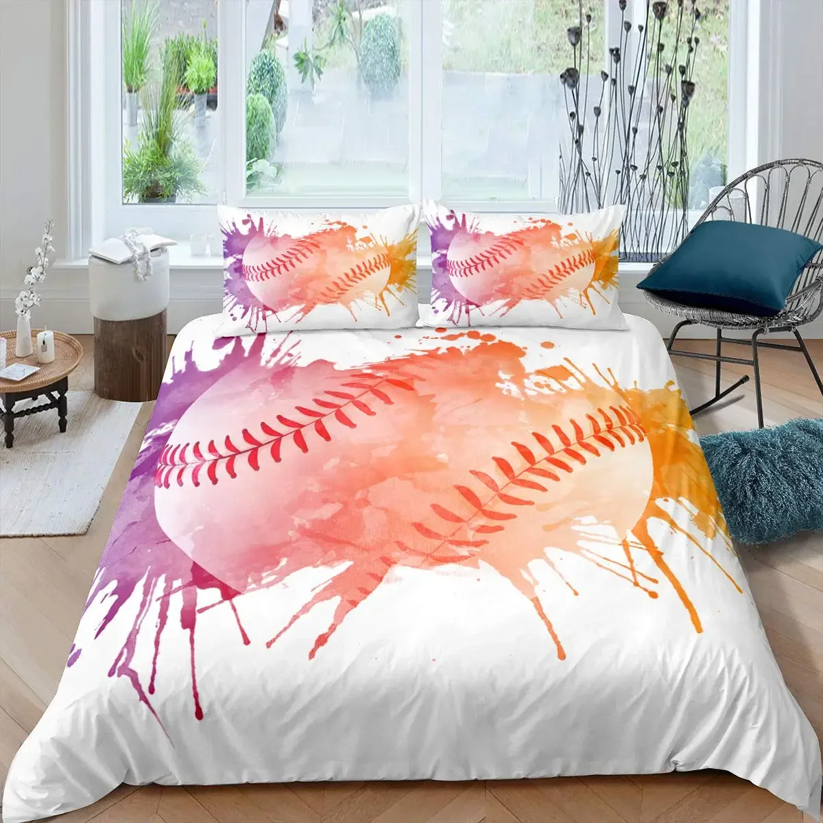 3D Sports Baseball Duvet Cover Sports Games Theme Ball Bedding Set Golden Flame Polyester Comforter Cover Full Size Kids Boys