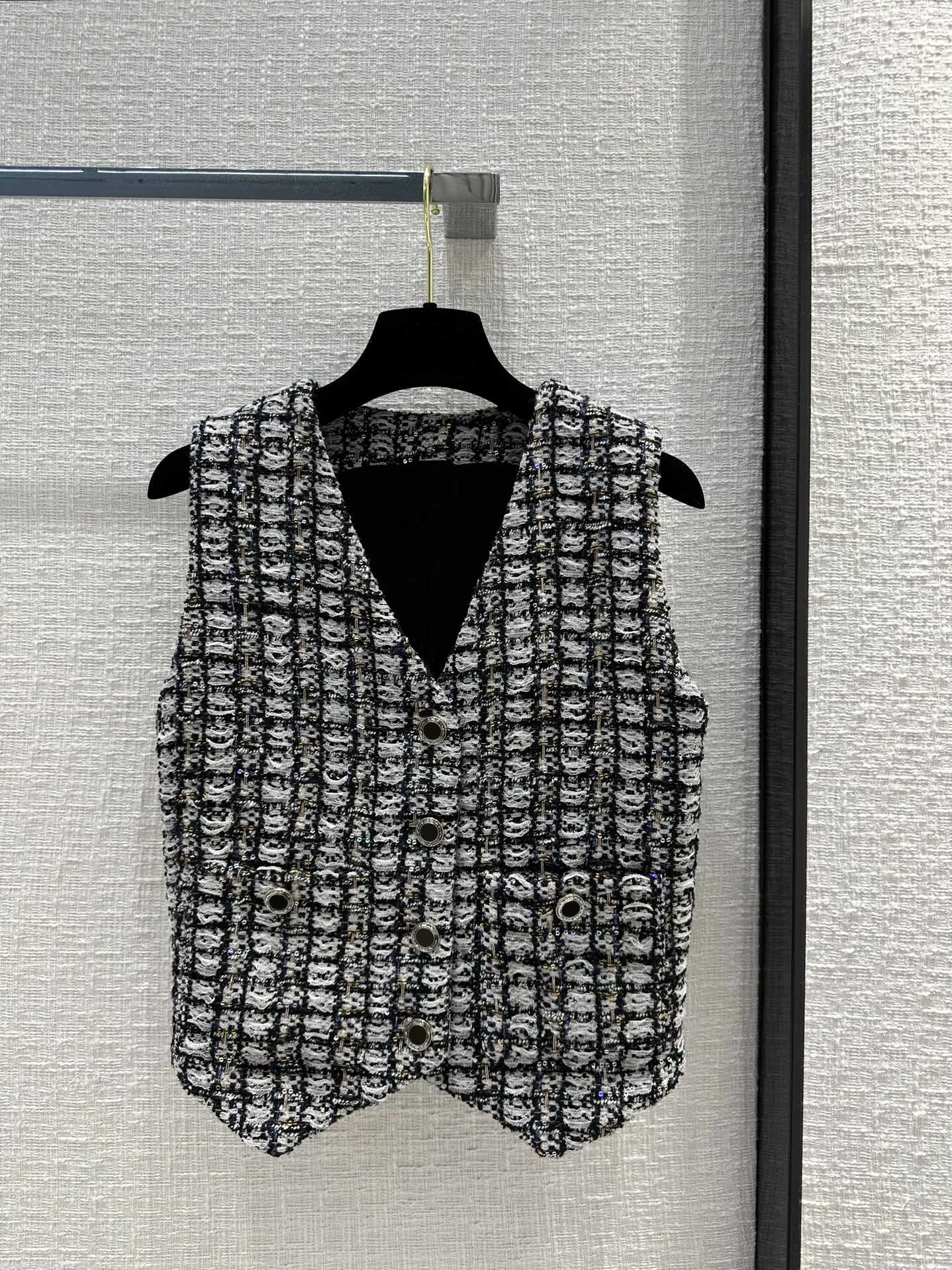 

EVACANDIS Women Sequins Weave Tweed New Cotton Wool Blended Vest Tops V-Neck Single Breasted Casual Vintage High Quality Elegant