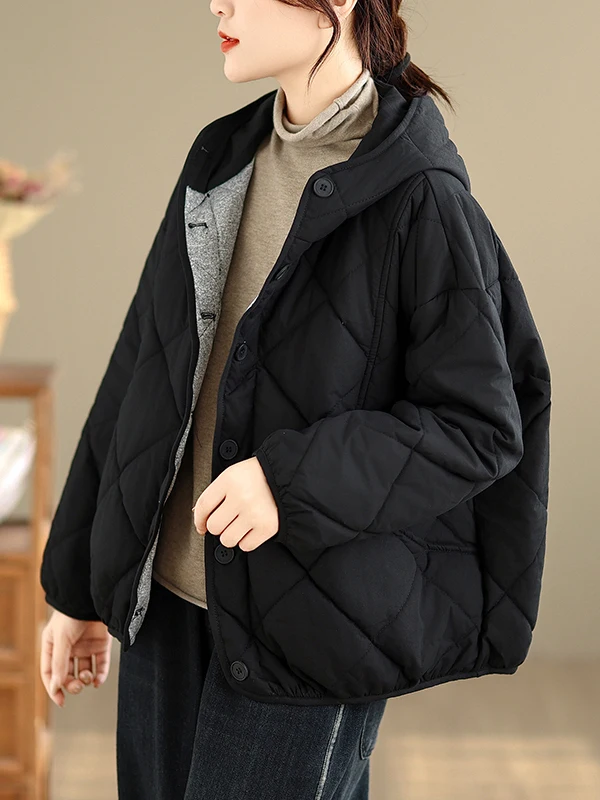 Retro Diamond Pattern Warm Hooded Cotton Jaet Women's Winter Lightweight Large Size Cotton Filled ort Thiened Cotton Coat