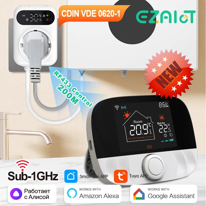 

RF433 WiFi Wireless Thermostat & Socket Receiver Tuya Smart APP Control Gas Boiler Temperature, Voice Control Google Home Alexa