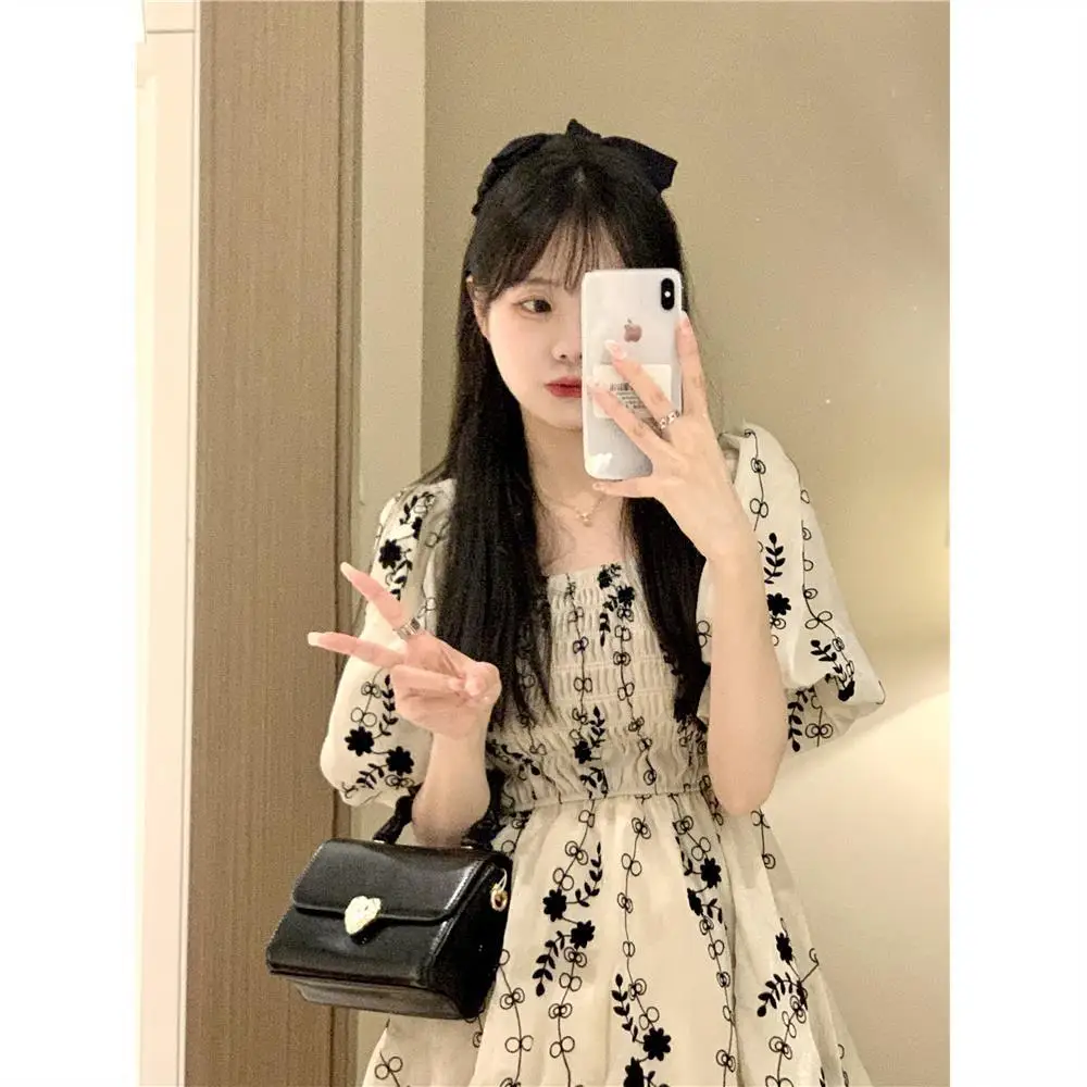 Korejepo French Square Neckline Dresses Bubble Sleeve Dress Women Summer New Style Chic Slimming High Waisted A-line Vestido