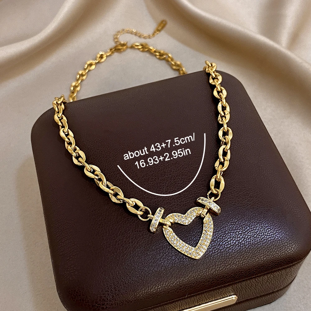 Stainless Steel Inlaid Zircon Lock & Heart Charms Necklace for Women Men Chunky Gold-Plated Thick Cuban Chain Daily Jewelry